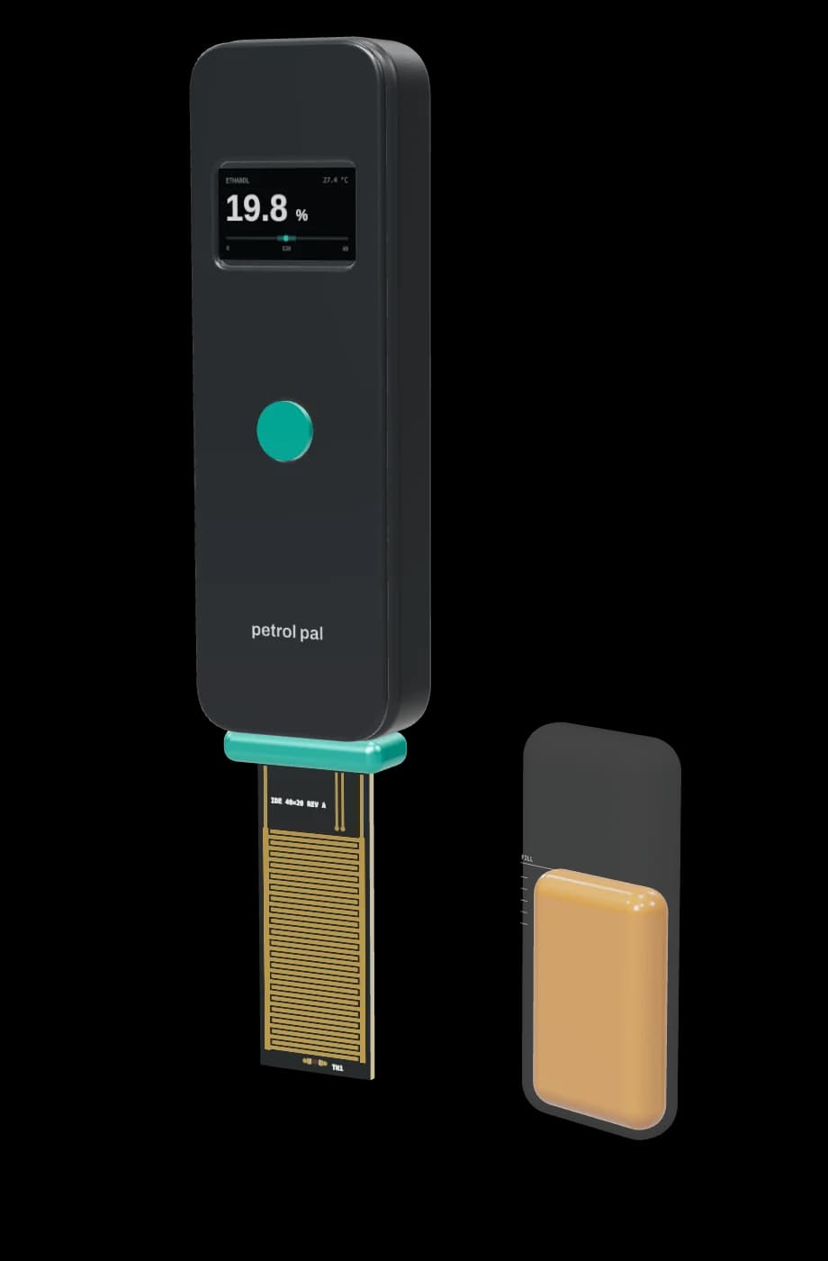 Petrol Pal Pro beside its clear cap, filled with a petrol sample